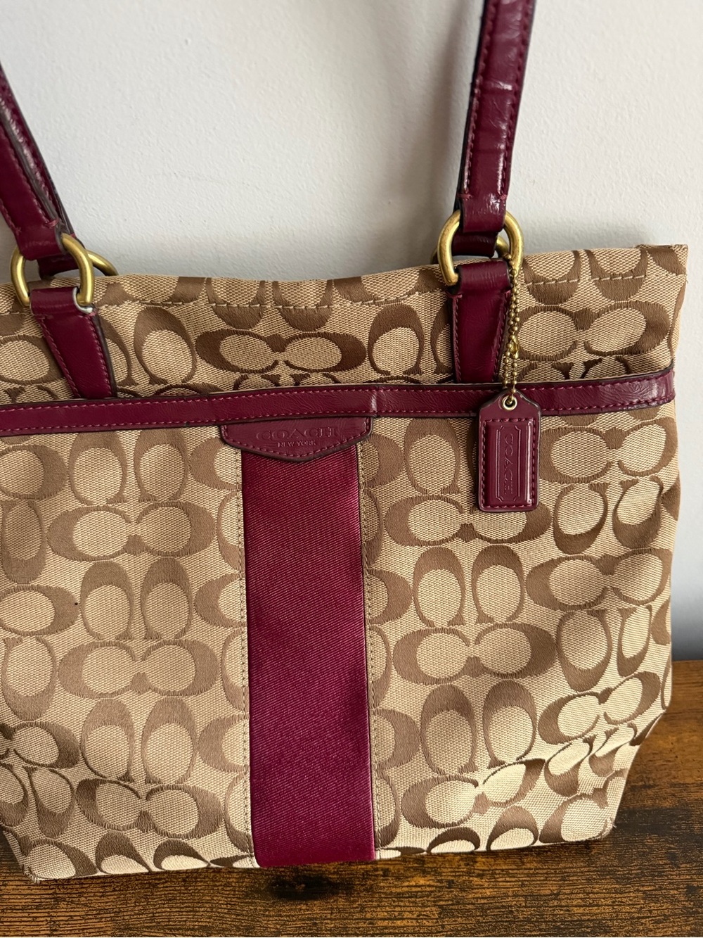 Coach F28504 Signature Stripe Tote Bag Khaki Burgundy Canvas Leather - Picture 5 of 13